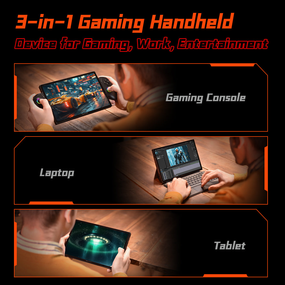 3-in-1 usage of OneXPlayer X1 Pro: handheld mode, tablet mode, and productivity mode.